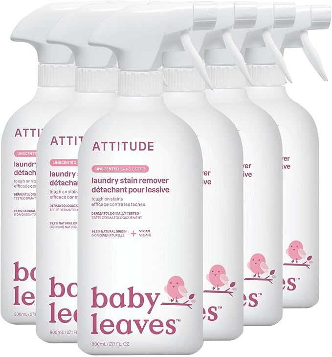 ATTITUDE Baby Laundry Stain Remover, Plant and Mineral-Based Ingredients, Vegan and Cruelty-free Household Products, Unscented, 27.1 Fl Oz (Pack of 6)