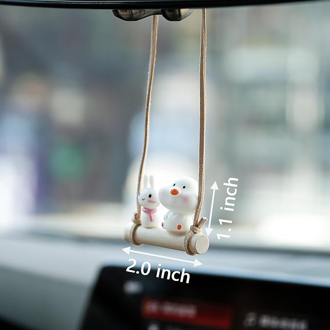 YGMONER Cute Swinging Chick & Bunny Car Rear View Mirror Hanging Accessories Funny Car Interior Decor Gifts for Women Men (Chick and Bunny)