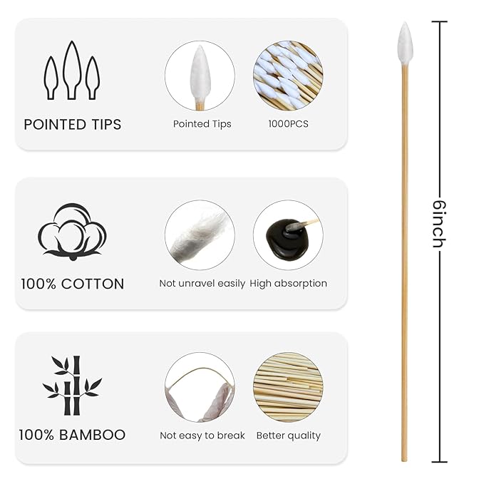 1000 PCS 6-Inch Precision Gun Cleaning Swabs - Lint-Free Bamboo-Handle Cotton Swabs for Gun Cleaning, Makeup & Electronics