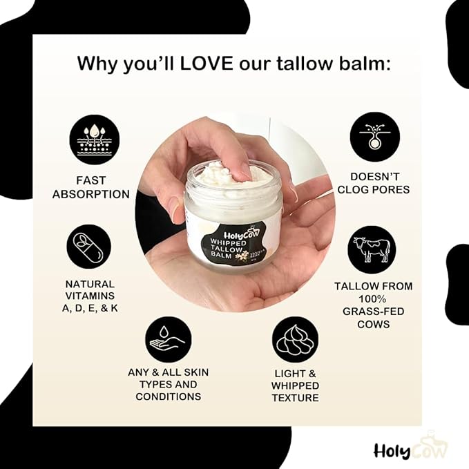 HolyCow Beef Tallow For Skin - Whipped Tallow Balm with Organic Jojoba Oil, Grass Fed Beef Tallow Face Moisturizer for Eczema, Baby, Lip Balm - Lotion For Extremely Dry Skin (Vanilla Bean)