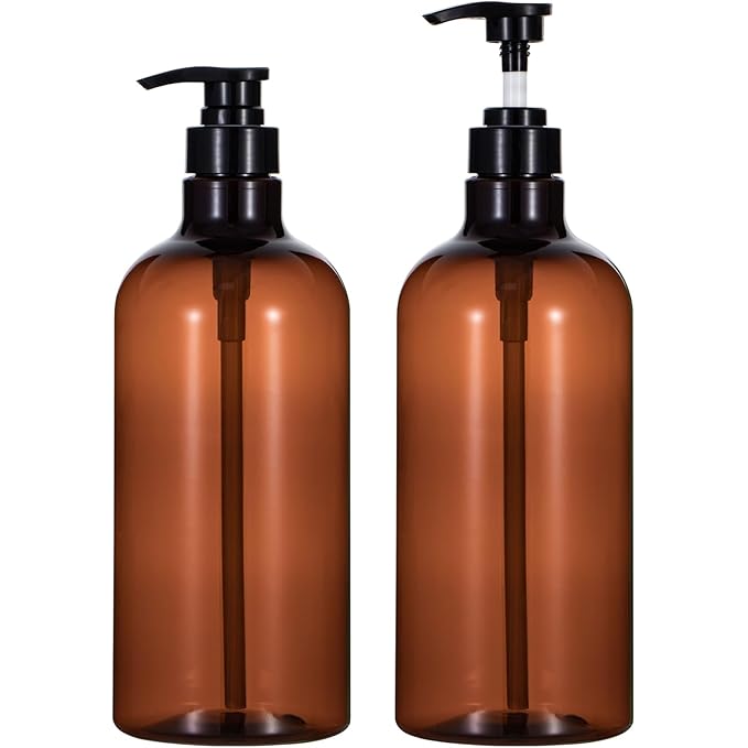 Yebeauty Pump Bottle Dispenser, 33.8oz 1000ml Plastic Shampoo Pump Bottles Shower Soap Dispenser Empty Refillable Containers for Conditioner Body Wash, Bathroom Kitchen, 2 Pack Amber