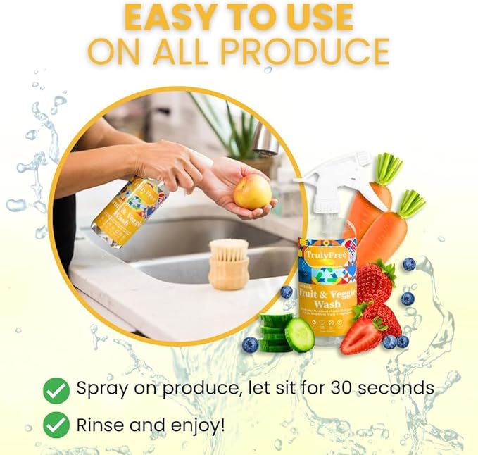 Truly Free Fruit and Vegetable Wash Refills | Veggie Wash Removes 99% Dirt & Wax | Plant-Based Produce Cleaner Spray | No Aftertaste, Made in USA | Fragrance-Free, 16oz (Pack of 3)