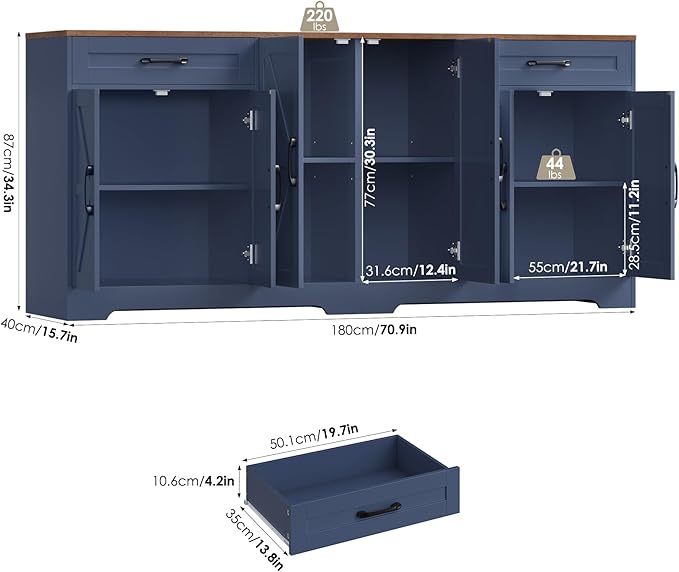 71” Large Sideboard Buffet Cabinet with Storage, Farmhouse Kitchen Buffet Cabinet with Adjustable Shelves and 6 Barn Doors, Wood Coffee Wine Bar Console Table for Kitchen, Dining Room, Navy Blue