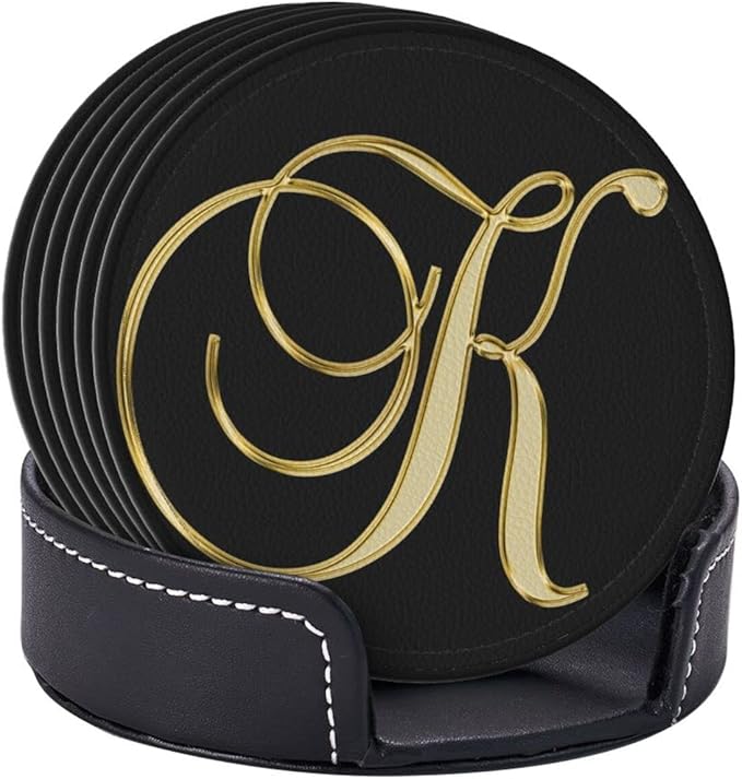 Famame 6 Pcs Letter K Alphabet Gold Print Leather Coasters for Drinks with Holder Coaster Sets Drink Table Cup Coasters for Living Room Kitchen Coffee Decor