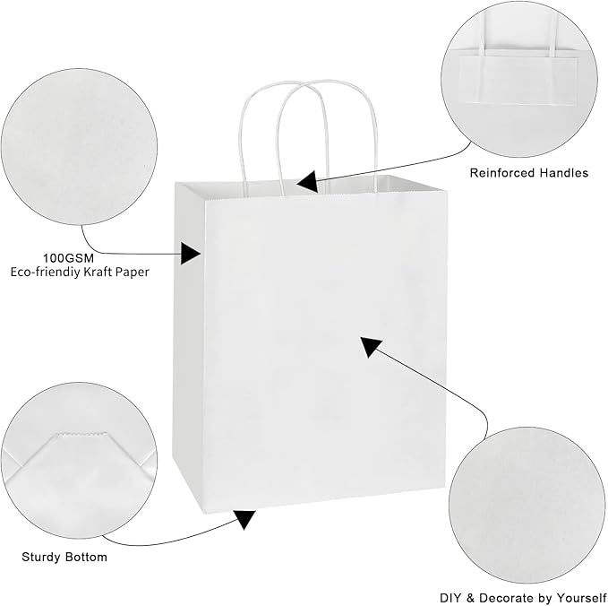 Toovip 90 Pack White Kraft Paper Bags with Handles Bulk, 3 Assorted Sizes Gift Wrap Bags for Favors Grocery Retail Party Birthday Shopping Business Goody Craft Merchandise Take Out Sacks