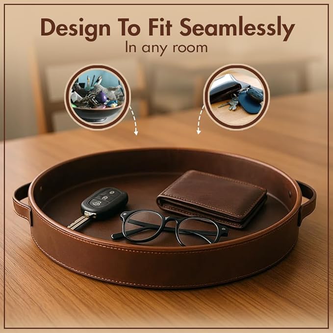 Stitched Round Leather Tray with Leather Handle Ideal for Serving Coffee Drinks Ottoman Tray for Office Home Kitchen Snack Counter Centerpiece Storage (Light Brown (16 x 16 Inch)