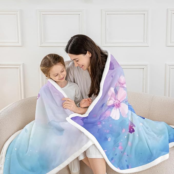 Feelyou Blue Butterfly Fleece Throw Blanket Queen 90"x90" Kids Girls Sherpa Blanket Plush Fuzzy for Bed Couch Chair Living Room, Watercolor Floral Bed Blanket Chic Room Decor