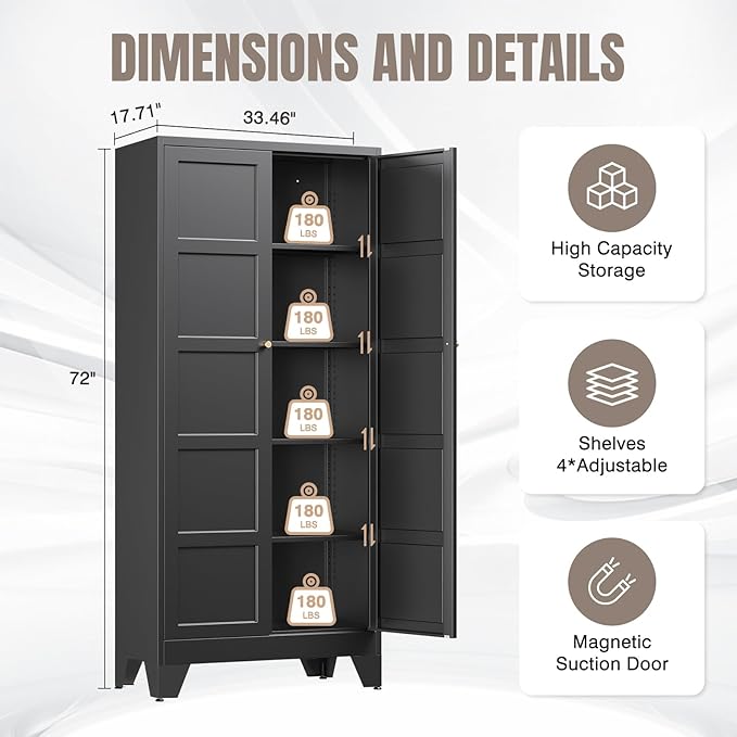 Yizosh Metal Pantry Cabinet,- 72" Black Kitchen Pantry Storage Cabinet with Doos and Adjustable Shelves for Kitchen, Living Room,Dining Room,Home