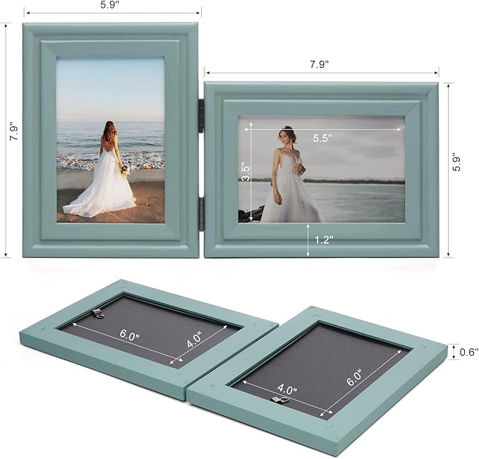 Vertical & Horizontal 4X6 Picture Frames Double Hinged Wood Folding Photo Frames with Real Glass Front Fit for Desktop or Tabletop, Teal Blue XLAN-V46-H64