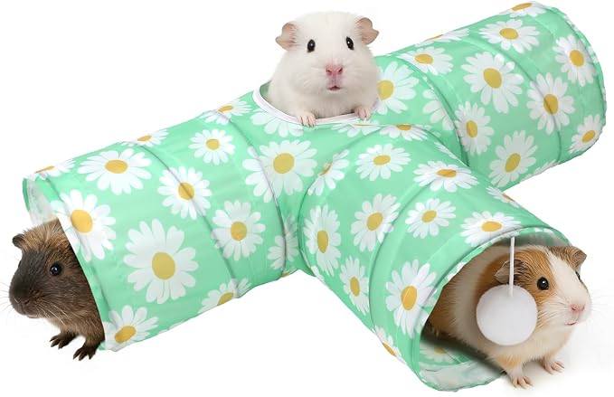 Rypet Guinea Pig Tunnel Hideout 3-Way Collapsible Small Pet Tubes, Daisy | 3 Way Design for Exploration, Collapsible for Easy Storage, Built-in Play Ball, Hiding & Resting for Hamsters Ferrets