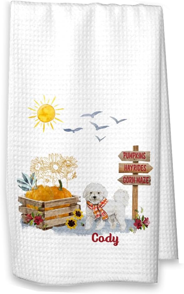Studio 9Thirty3 Personalized Bichon Frise Fall Pumpkins Waffle Kitchen Towel, Gift for Dog Lover, Housewarming, Hostess, Personalized Gift
