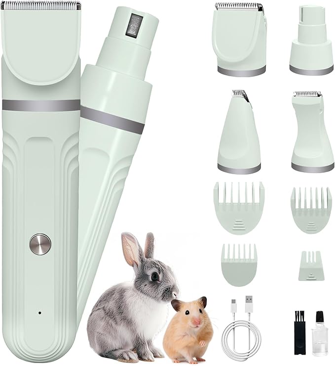 Guinea Pig & Rabbit Grooming Kit 2 in 1 – Cordless Hair Clipper & Nail Grinder for Small Animals– Low-Noise Rechargeable Nail Clippers Electric - Green