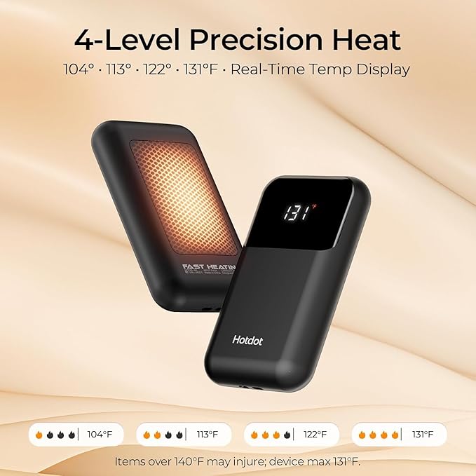 Hotdot Hand Warmers Rechargeable 2 Pack, 4 Heat Levels (104–131°F), Real-Time Temp & Battery Display, Electric Hand Warmers, Fast Heating, Fits in Gloves/Pocket, Gifts for Women & Men