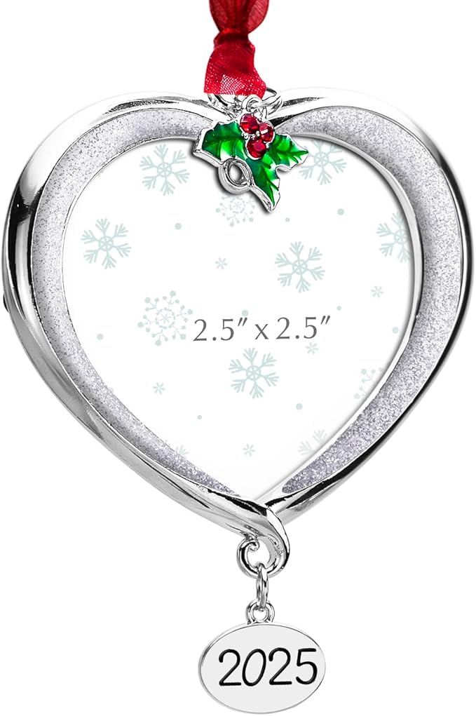 Christmas Tree Ornament Picture Frame Metal Hanging Pendant Holiday 2.5" Photo Frame Charm Decorative of Pets, Baby First Christmas, Family (2025 White)