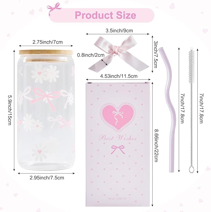 Coquette Pink Bow Daisy Glass Cup with Lids and Straws, Girly Preppy Design Tumbler Mug, Birthday Valentines Christmas Gifts for Teen Girl Women Girlfriends, Teen Girl Gifts Trendy Stuff