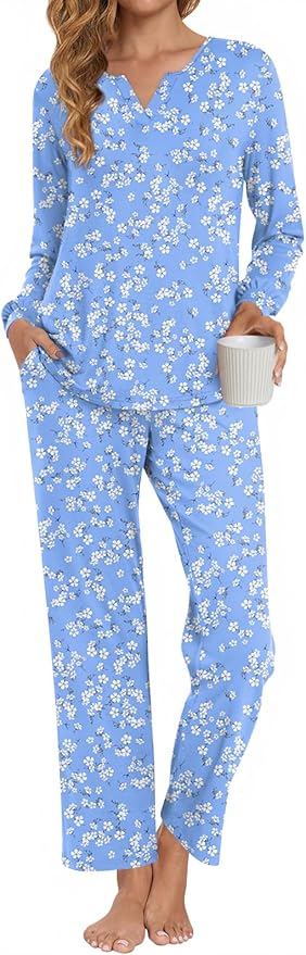 Anyally Women's Plus Size Pajama Sets Ladies Fall Pjs 2 Pieces Lounge Outfits V Neck Long Sleeves Sleepwear with Pockets