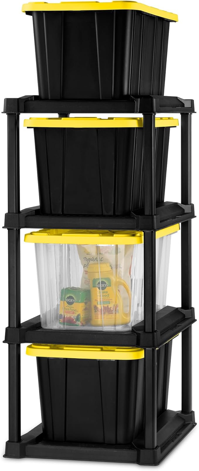 Sterilite 4 Tier Tote Rack, Vertical Plastic Organizer with 4 Pack 27 Gallon Industrial Storage Totes, Clear - for Garages, Workshops, or Basements