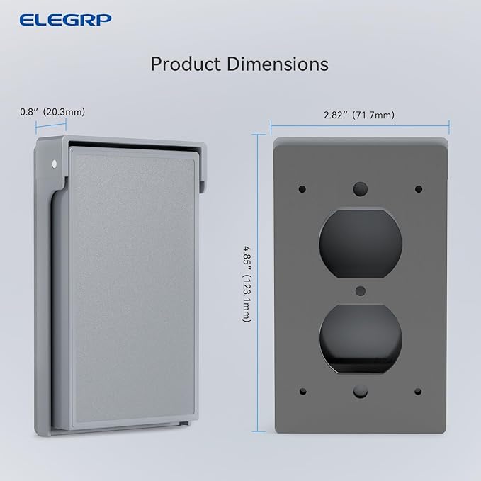 ELEGRP Vertical Outdoor Cover for Duplex Receptacles, Weatherproof Wall Plate, Outdoor Electrical Outlet Cover, Standard Size 1-Gang 4.85” x 2.82”, Thermoplastic, 2 Pack, Grey