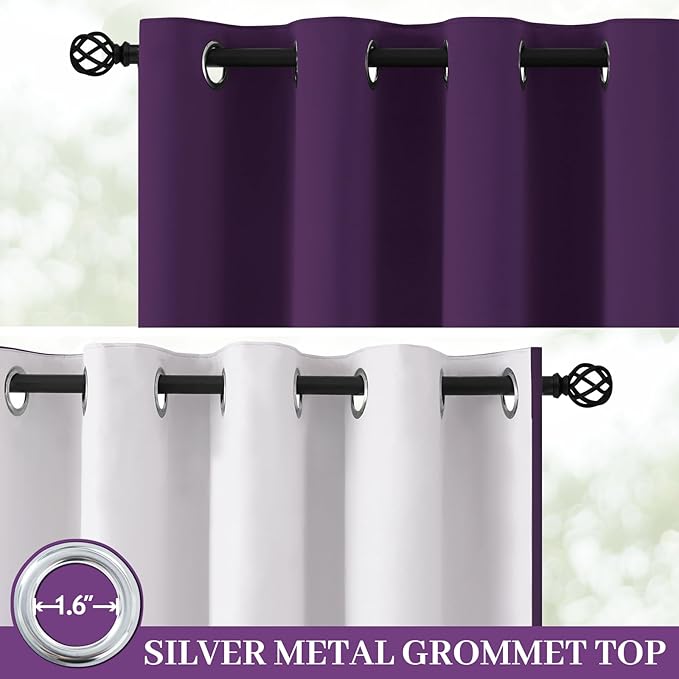 Yakamok 100% Blackout Curtain Panels 84 inches Cold and Light Blocking Drapes for Nursery, 2 Thick Layers Thermal Insulated Draperies (2 Pieces, 40 Wide Each Panel, Purple/White Backing)