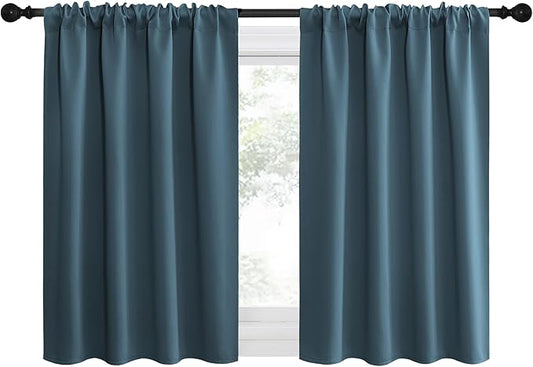 NICETOWN 2 Panels Blackout Curtains, Rod Pocket Thermal Insulated Drapes for Kitchen, Heavy Duty Small Window Treatment for Dorm Room, Studio Apartment, Basement (Smoky Blue, W42 x L30)