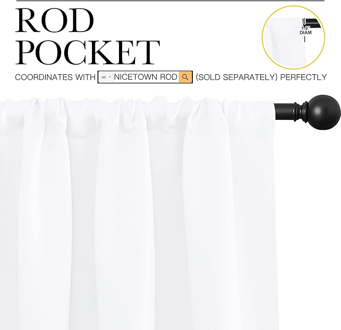 NICETOWN White Curtains, 50% Light Blocking Curtain Panels for Bedroom, Home Decoration Easy-Care Solid Rod Pocket Draperies/Drapes, Window Covering for Kitchen (2 Panels, 62 by 63, White)