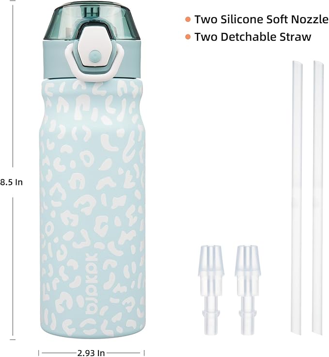 BJPKPK Insulated Water Bottle 18oz Stainless Steel Water Bottles with Straw and Carry Handle Double Wall Metal Thermal Flask,Light Blue Leopard