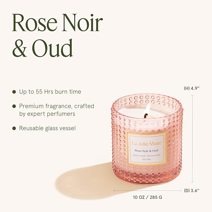 LA JOLIE MUSE Rose Noir & Oud Scented Candle – Lemon, Rose & Oud | 10 oz Natural Soy Wax | 55 Hours Clean Burn | Gift-Ready for Hosts & Gatherings | Elegant Home Décor