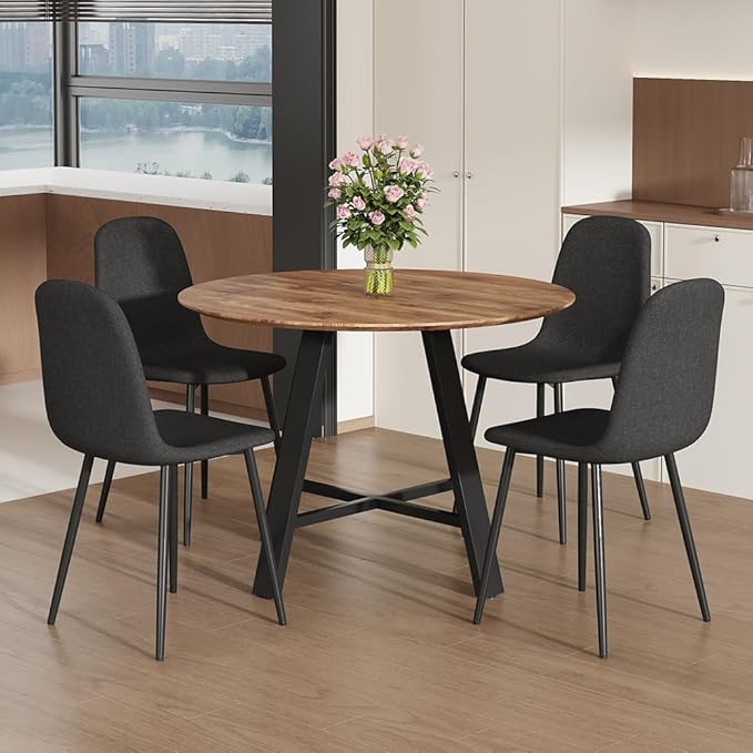 Round Dining Table Set for 4, Modern Kitchen Dining Table Chairs Set for 4, 42" Wood Dining Room Table Set & 4 Upholstered Chairs for Kitchen Living Office Cafe Small Space