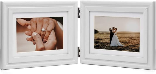 Horizontal 5X7 Picture Frames Double Hinged Wood Folding Photo Frames with Real Glass Front Fit for Desktop or Tabletop Display Pictures 4x6 with Mat or 5x7 Without Mat, White XBAI-H75X2