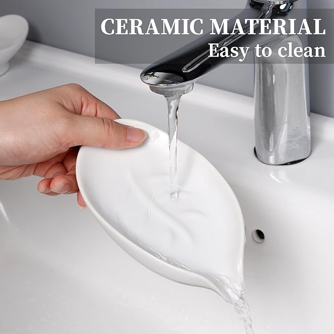 Soap Dish 2PCS, Self-Draining Bar Soap Holder, Leaf Shape Ceramic Drain Soap Dishes for Bathroom Kitchen, Easy to Clean Keeps Soap Dry, White, ANTIS'S HOME