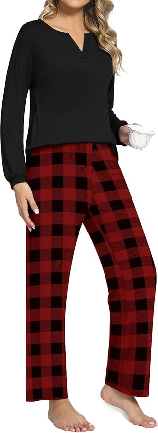 Anyally Women's Plus Size Pajama Sets Ladies Fall Pjs 2 Pieces Lounge Outfits V Neck Long Sleeves Sleepwear with Pockets