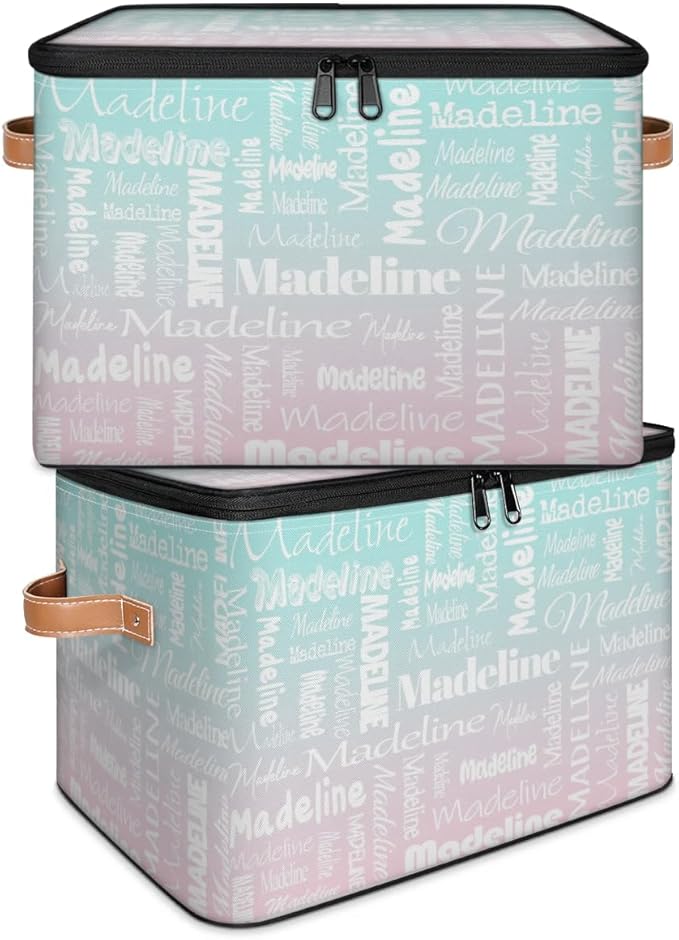 Custom Storage Basket with Name, Personalized Keepsake Box with Zipper Lid, Foldable Fabric Memory Bin Large capacity with Handle Green Pink