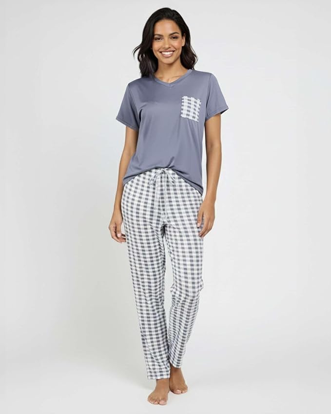 Real Essentials 2 Pack: Women's Comfy Pajama Sets - Short & Long Sleeve Ladies Loungewear Sleepwear PJs (Available In Plus)