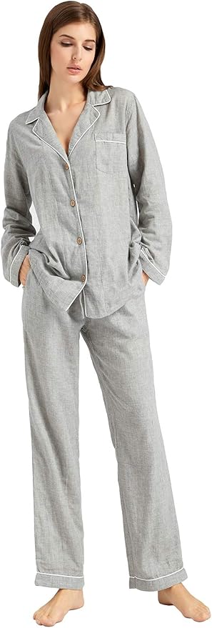 Womens Pajama Sets 100% Double Gauze Cotton Linen Like Muslin Pajamas Long Sleeve Button Down Sleepwear Soft Pjs Lounge Set