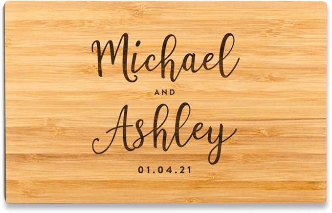 Andaz Press Personalized Laser Engraved Small Bamboo Wood Cutting Board, 9.5 x 6-inch, Bride and Groom Script Names and Date, Custom