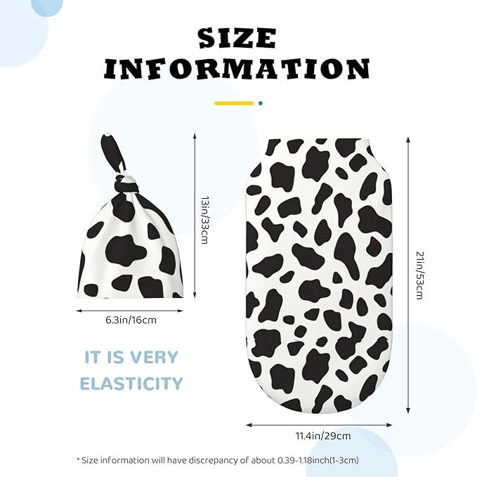 Newborn Swaddle Blankets and Hat Set Soft Cotton Baby Swaddle Wrap Warm Infant Receiving Blanket Cow Print-2