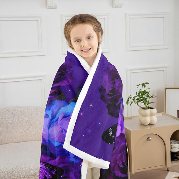 Feelyou Girls Butterfly Fleece Throw Blanket Queen 90"x90" Kids Dreamy Purple Butterflies Sherpa Blanket Plush Fuzzy for Bed Couch Chair Living Room, Rose Flower Bed Blanket Room Decor