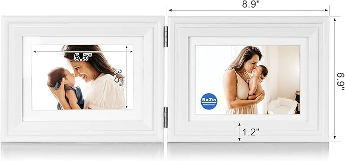 5x7 Double Horizontal Hinged Wood Picture Frame Folding Photo Frame with Real Glass Front in White for Tabletop, Display 4x6 with Mat or 5x7 without Mat X2-BAI-2H57