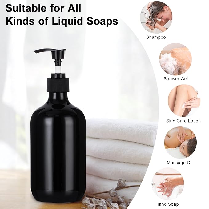 Yebeauty Pump Bottle Dispenser, 17oz 500ml Empty Plastic Shampoo Conditioner Dispenser, Refillable Shower Soap Dispenser Pump Bottle Liquid Containers for Kitchen Bathroom, 2 Pack Black