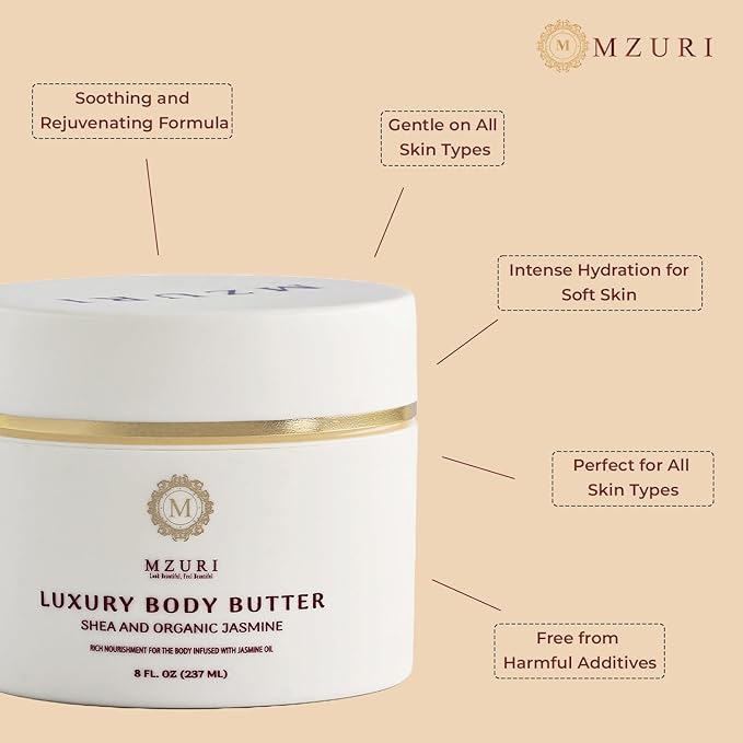 MZURI Body Butter, Whipped Shea and Jasmine Blend, Fast-Absorbing, Deep Moisturizing Cream with Essential Oils, Non-Greasy, Natural Skincare for Dry, Glowing Skin, Organic Butter - 8 Fl. Oz