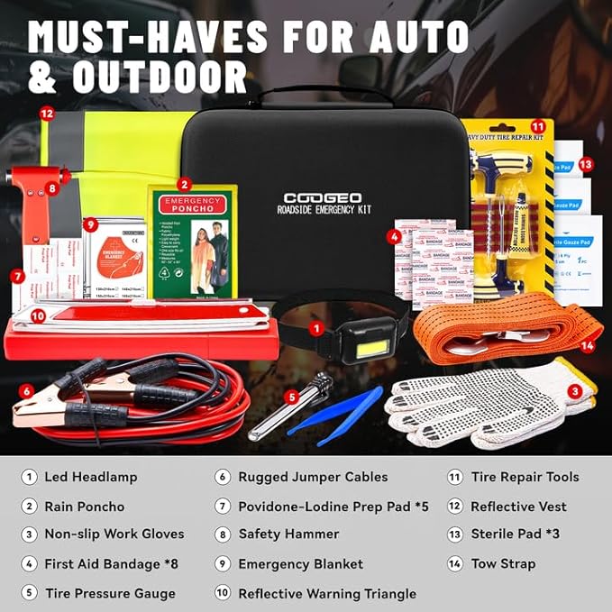 15PC Car Emergency Kit with Jumper Cables, Roadside Assistance Safety Kit for Auto & Truck, Includes Safety Hammers, Tow Strap, Warning Triangle, First Aid, Gifts for Young Men or Women, Black