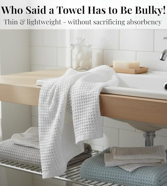 DEMMEX Organic Cotton Waffle Weave Turkish Towel Set for Bathroom, 100% OEKO-TEX Certified Super Soft Turkish Cotton, Lightweight & Quick Dry, 1 Bath & 2 Large Hand Towels, 30x60/20x30 in., Slate Blue