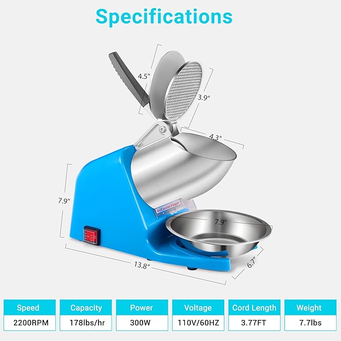 300W 178 lbs/hr ETL-Listed Dual Blade Electric Ice Shaver Machine with Ice Pick, Ice Crusher for Home Use and Commercial, Shaved Ice Machine, Ice Grinder, Blue