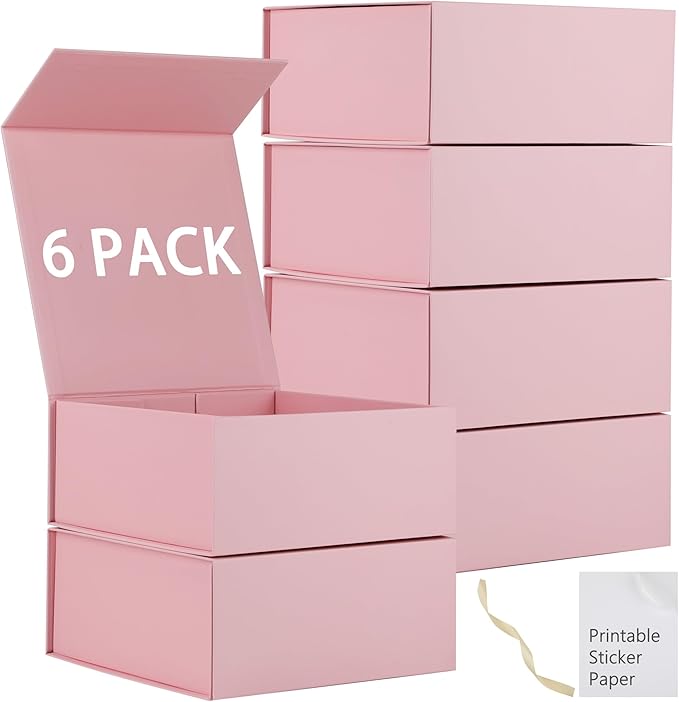 6 Pack Pink Gift Boxes With Lids,9x9x4 Inch Bridesmaid Proposal Box And Printable Stickers,Proposal Boxes With Ribbon For Wedding, Packaging, Present, Birthday