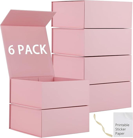 6 Pack Pink Gift Boxes With Lids,9x9x4 Inch Bridesmaid Proposal Box And Printable Stickers,Proposal Boxes With Ribbon For Wedding, Packaging, Present, Birthday