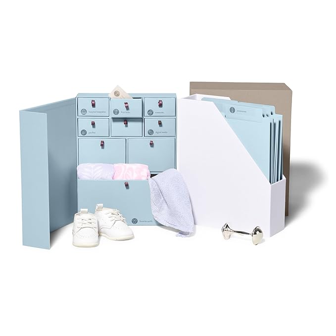 Library Baby Memory Book to Deluxe Box | Acid-Free Newborn Keepsake & Memory Organizer with 52 Labels, 9 Drawers, 8 File Folders | Gift for Pregnancy, Mother’s Day & Baby Shower (Blue, Harper Font)