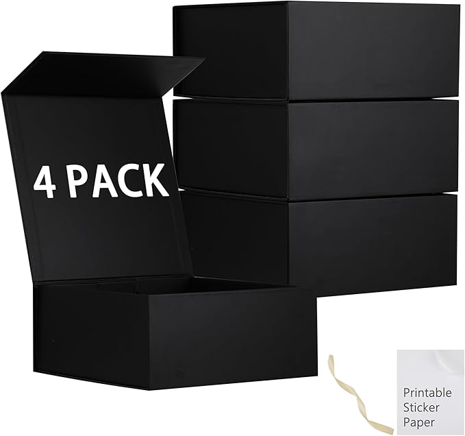 MUMUPACK 4 Pack Black Gift Boxes With Lids,9x9x4 Inch Bridesmaid Proposal Box And Printable Stickers,Proposal Boxes With Ribbon For Wedding, Packaging, Present, Birthday