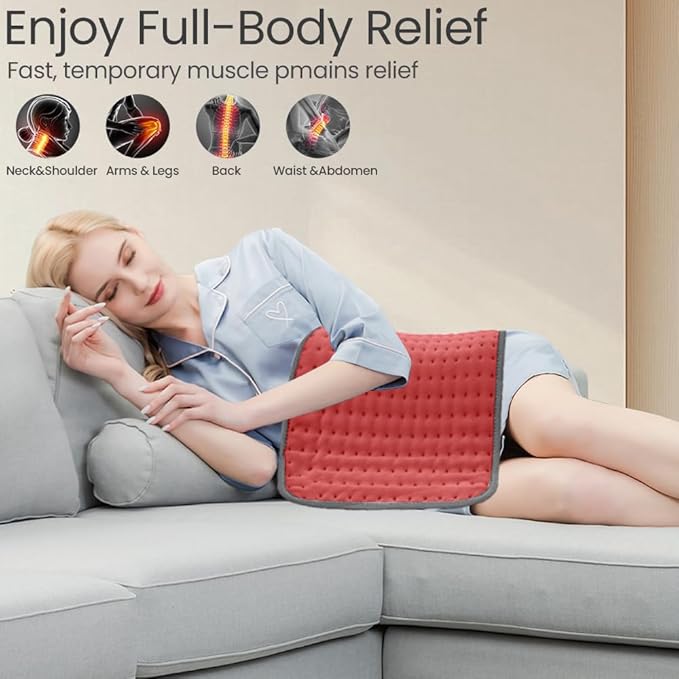Heating Pad, Electric Heating Pads for Back/Neck/Knee/Shoulder Muscle Pain, 9 Heat Settings, Dry/Moist Heat & Auto Shut Off, Gifts for Men and Women, Red, 24x12 Inch