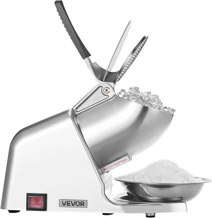 VEVOR Ice Crusher Machine, 143lbs Per Hour Electric 2 Blades Snow Cone Maker, Stainless Steel Shaved Ice Machine with Bowl and Cover, 300W 2000RPM Ice-Shaver for Home and Commercial Use, Silver