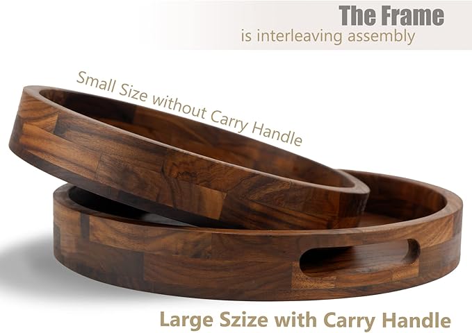 Set of 2 Large Round Black Walnut Wood Ottoman Tray with Handles, Serve Tea, Coffee, Classic Wooden Circular Decorative Serving Tray, 14 &12 inches